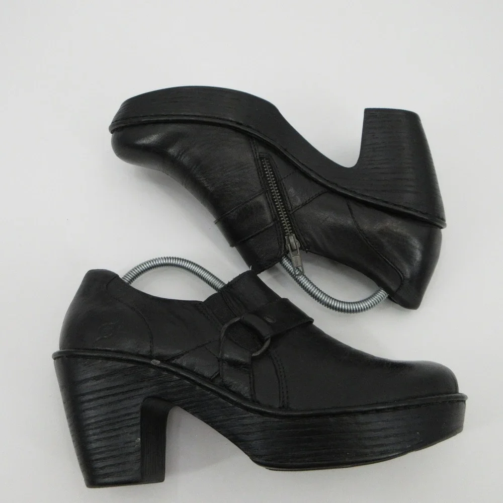 Born Black Leather Platform Ankle Booties Block Heel Shooties D14403 Size 11